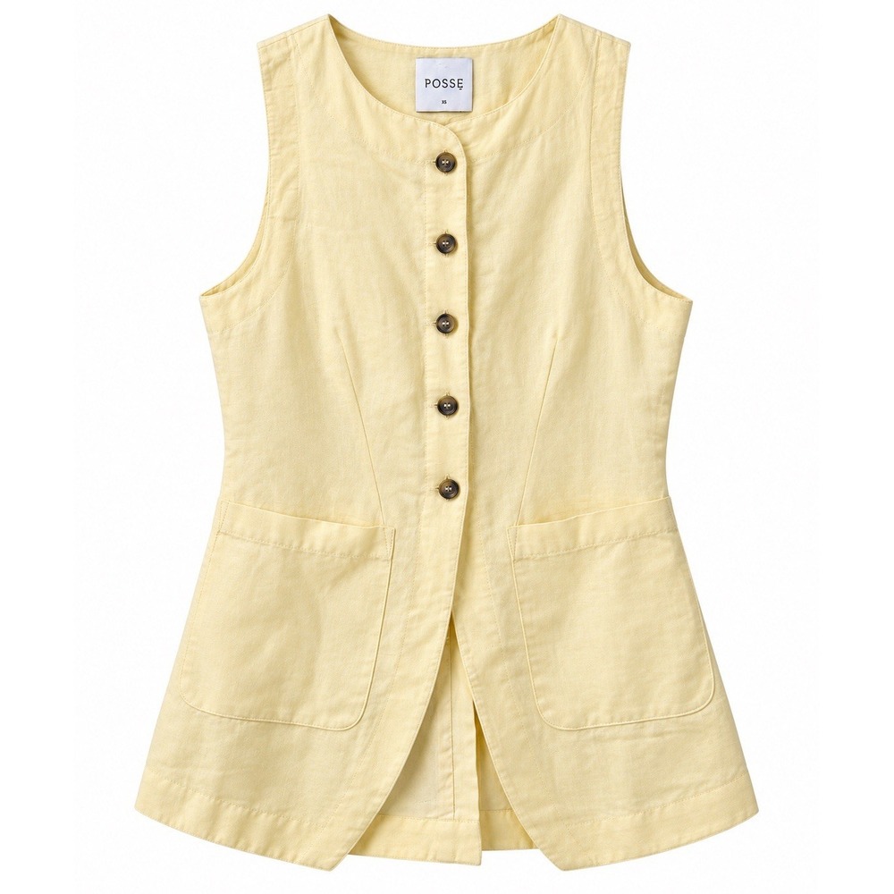 POSSE Emma Vest XS Butter Yellow Linen Blend Longline Waistcoat $210